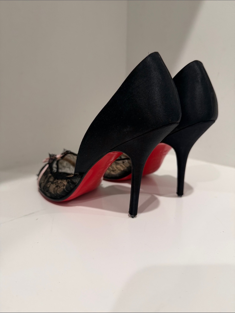 Christian Louboutin Black Lace Peep-Toe Heels with Pink Bow Accent - Picture 3 of 9